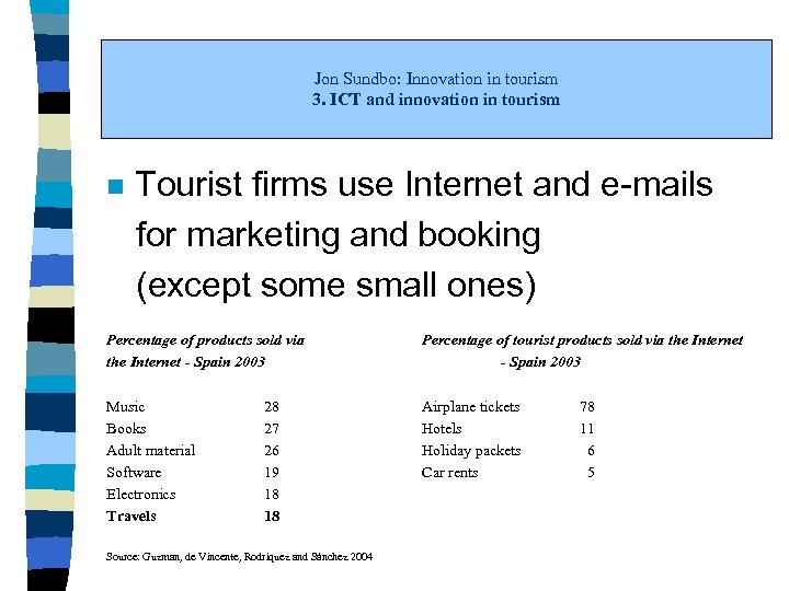Jon Sundbo: Innovation in tourism 3. ICT and innovation in tourism n Tourist firms
