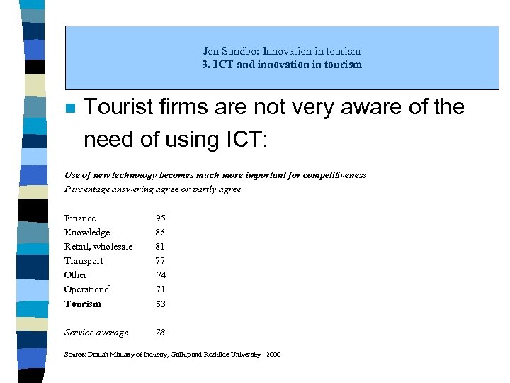 Jon Sundbo: Innovation in tourism 3. ICT and innovation in tourism n Tourist firms