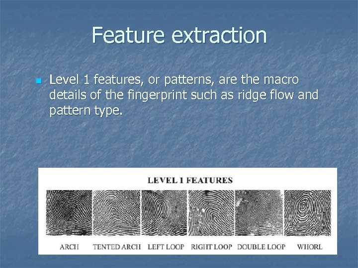 Feature extraction n Level 1 features, or patterns, are the macro details of the