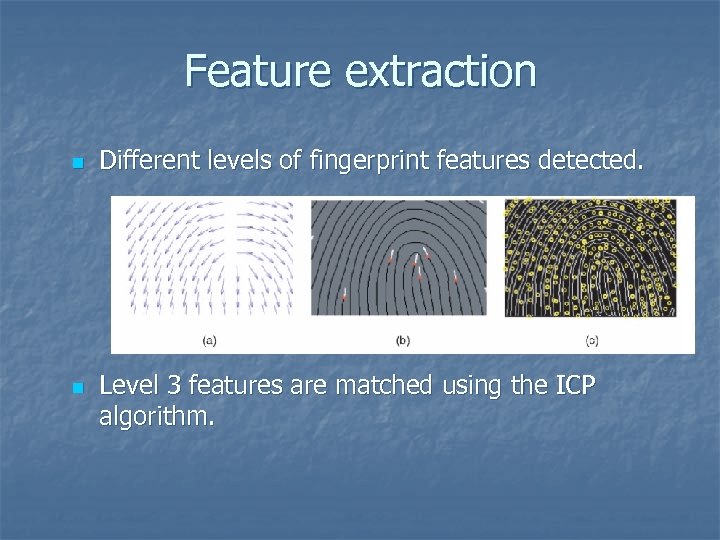 Feature extraction n n Different levels of fingerprint features detected. Level 3 features are