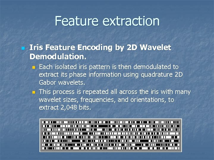 Feature extraction n Iris Feature Encoding by 2 D Wavelet Demodulation. n n Each
