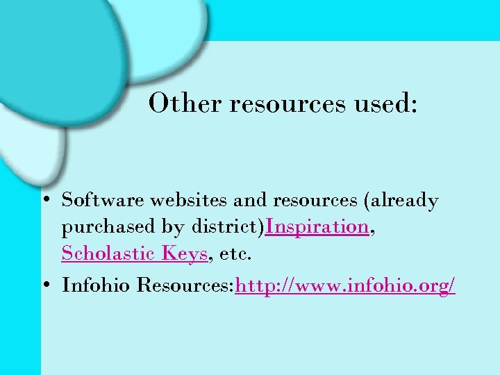Other resources used: • Software websites and resources (already purchased by district)Inspiration, Scholastic Keys,