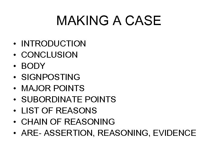MAKING A CASE • • • INTRODUCTION CONCLUSION BODY SIGNPOSTING MAJOR POINTS SUBORDINATE POINTS