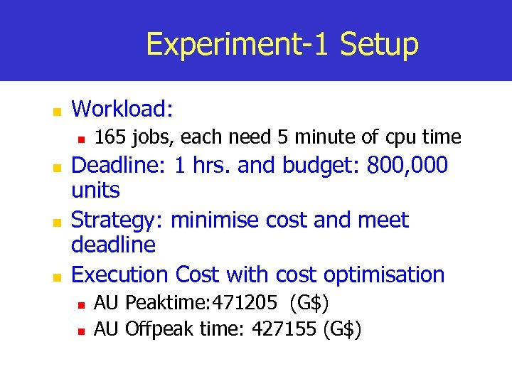 Experiment-1 Setup n Workload: n n 165 jobs, each need 5 minute of cpu