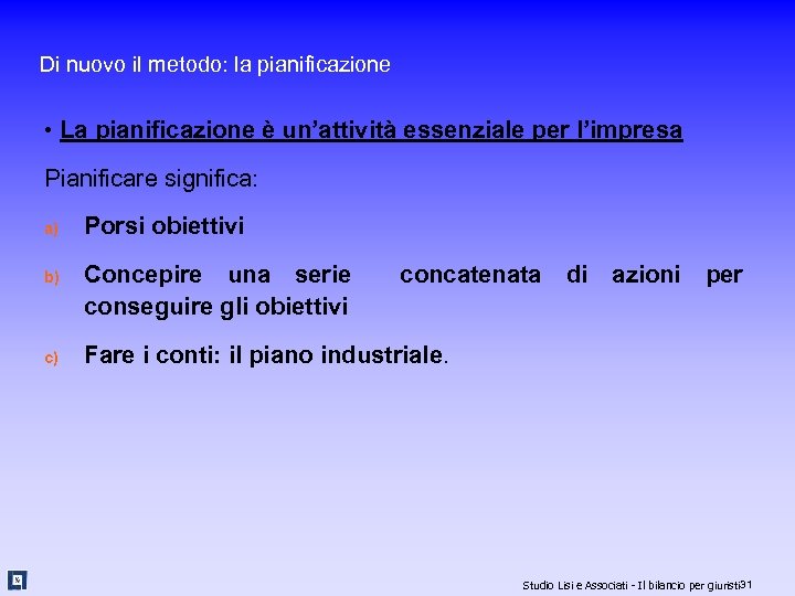 Di nuovo il metodo: la pianificazione • La pianificazione è un’attività essenziale per l’impresa