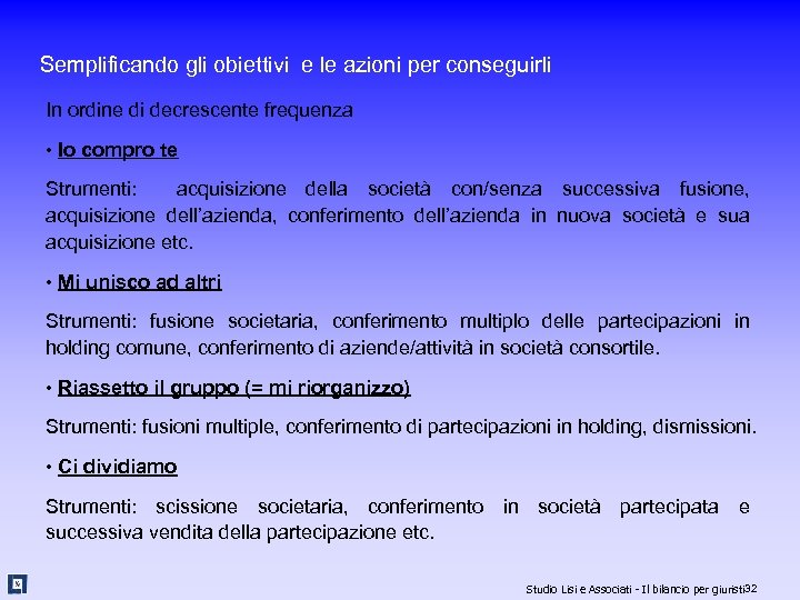 Semplificando gli obiettivi e le azioni per conseguirli In ordine di decrescente frequenza •