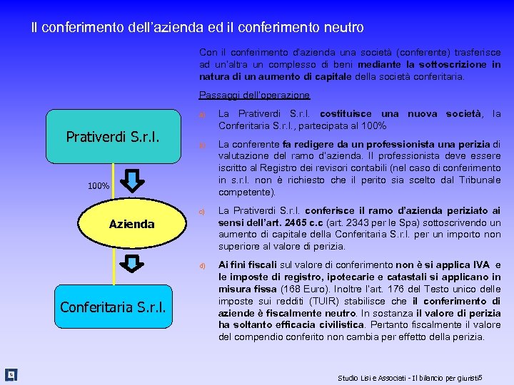Il conferimento dell’azienda ed il conferimento neutro Con il conferimento d’azienda una società (conferente)