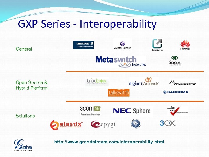 GXP Series - Interoperability General Open Source & Hybrid Platform Solutions http: //www. grandstream.