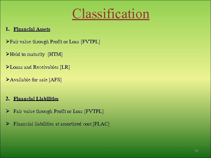 Classification 1. Financial Assets ØFair value through Profit or Loss [FVTPL] ØHeld to maturity