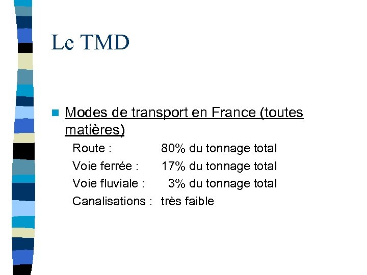 Le TMD n Modes de transport en France (toutes matières) Route : Voie ferrée