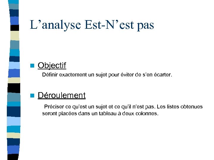 L’analyse Est-N’est pas n Objectif Définir exactement un sujet pour éviter de s’en écarter.