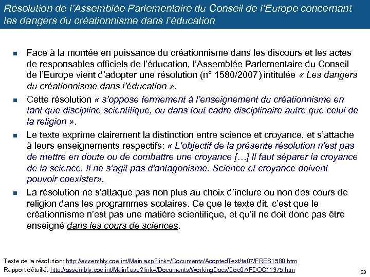 Résolution de l’Assemblée Parlementaire du Conseil de l’Europe concernant les dangers du créationnisme dans