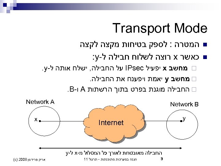  Transport Mode n n המטרה : לספק בטיחות מקצה לקצה כאשר x רוצה