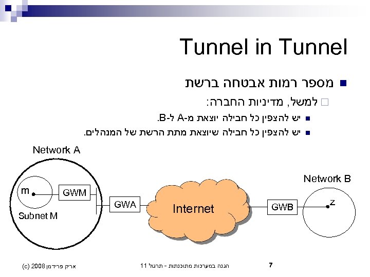  Tunnel in Tunnel n מספר רמות אבטחה ברשת ¨ למשל, מדיניות החברה: n