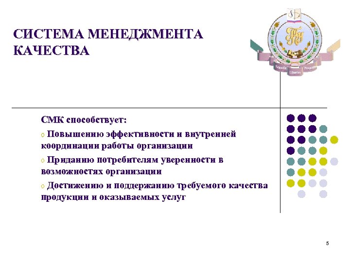 СИСТЕМА МЕНЕДЖМЕНТА КАЧЕСТВА СМК способствует: o Повышению эффективности и внутренней координации работы организации o