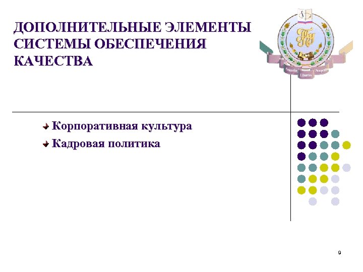 ДОПОЛНИТЕЛЬНЫЕ ЭЛЕМЕНТЫ СИСТЕМЫ ОБЕСПЕЧЕНИЯ КАЧЕСТВА Корпоративная культура Кадровая политика 9 