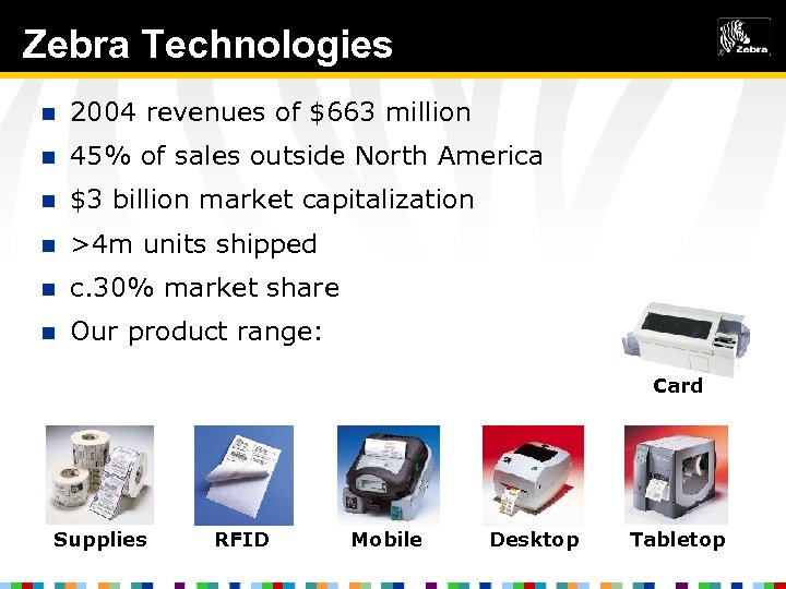 Zebra Technologies n 2004 revenues of $663 million n 45% of sales outside North