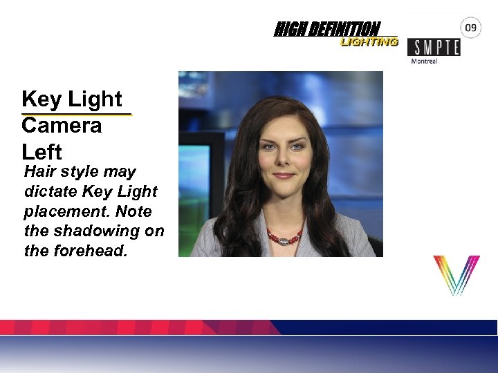 Key Light Camera Left Hair style may dictate Key Light placement. Note the shadowing