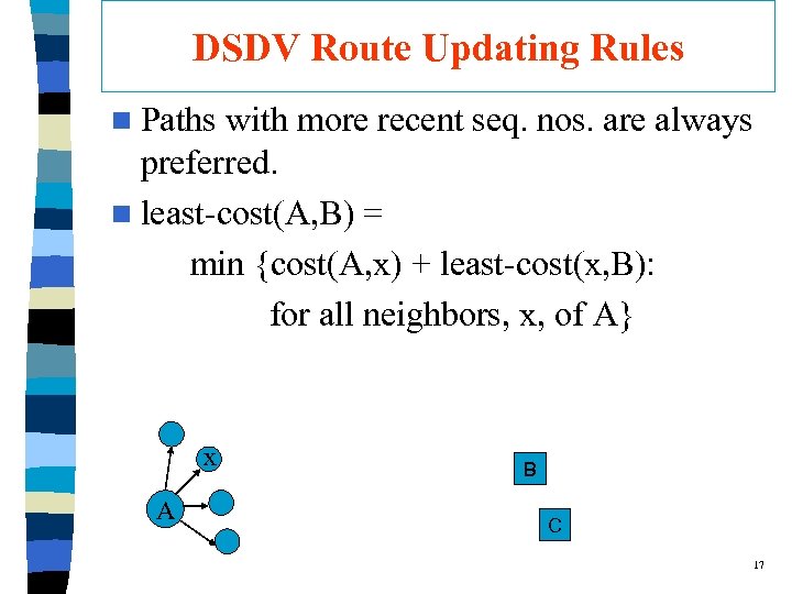 DSDV Route Updating Rules n Paths with more recent seq. nos. are always preferred.