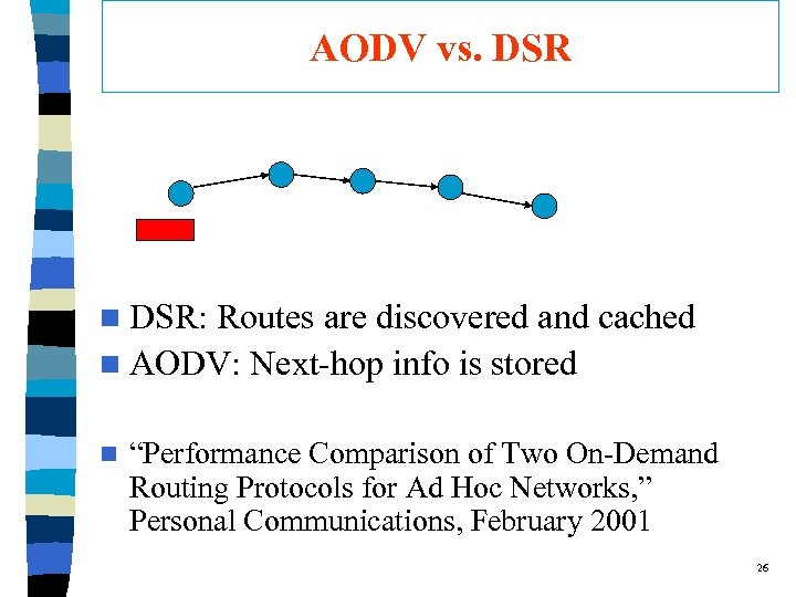 AODV vs. DSR n DSR: Routes are discovered and cached n AODV: Next-hop info