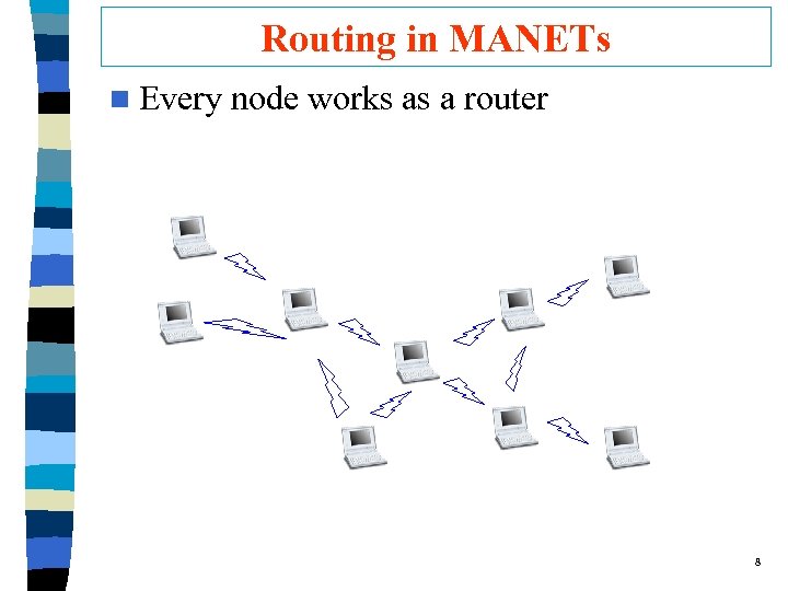 Routing in MANETs n Every node works as a router 8 