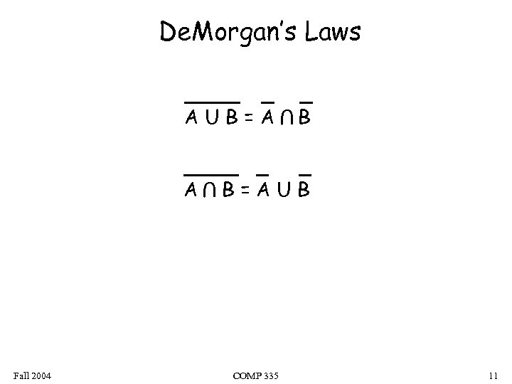 De. Morgan’s Laws Fall 2004 U AUB=A B B=AUB COMP 335 11 