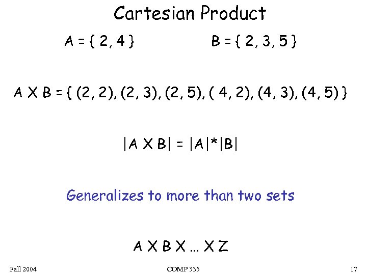 Cartesian Product A = { 2, 4 } B = { 2, 3, 5