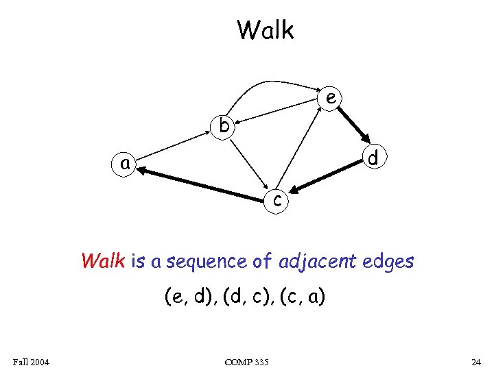 Walk e b d a c Walk is a sequence of adjacent edges (e,