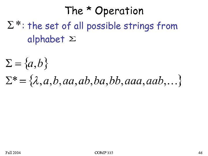 The * Operation : the set of all possible strings from alphabet Fall 2004