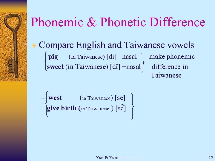 Phonemic & Phonetic Difference ¨ Compare English and Taiwanese vowels – pig (in Taiwanese)