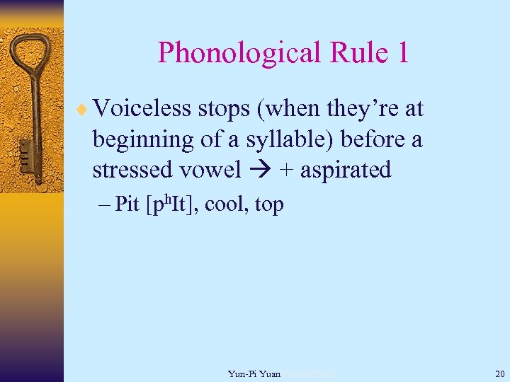 Phonological Rule 1 ¨ Voiceless stops (when they’re at beginning of a syllable) before