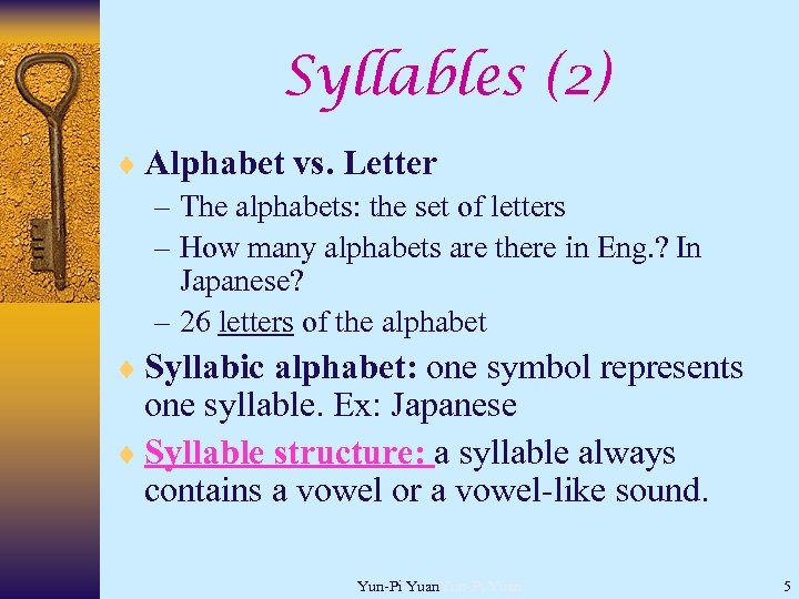 Syllables (2) ¨ Alphabet vs. Letter – The alphabets: the set of letters –