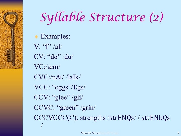 Syllable Structure (2) ¨ Examples: V: “I” /a. I/ CV: “do” /du/ VC: /æm/