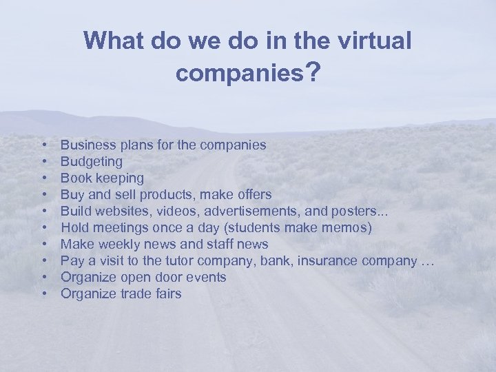 What do we do in the virtual companies? • • • Business plans for