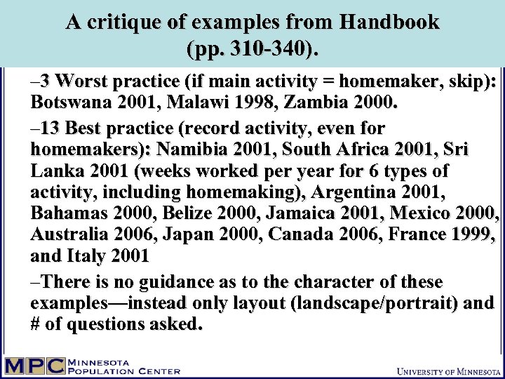 A critique of examples from Handbook (pp. 310 -340). – 3 Worst practice (if