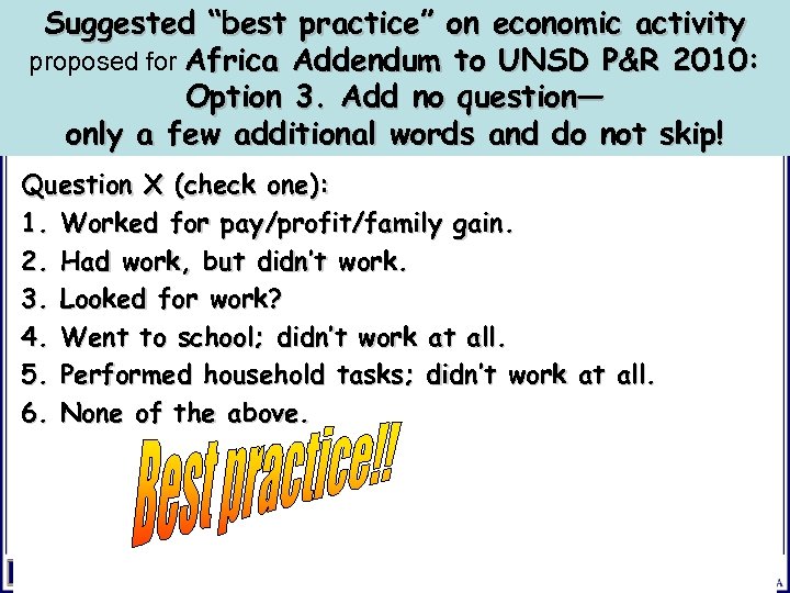 Suggested “best practice” on economic activity proposed for Africa Addendum to UNSD P&R 2010: