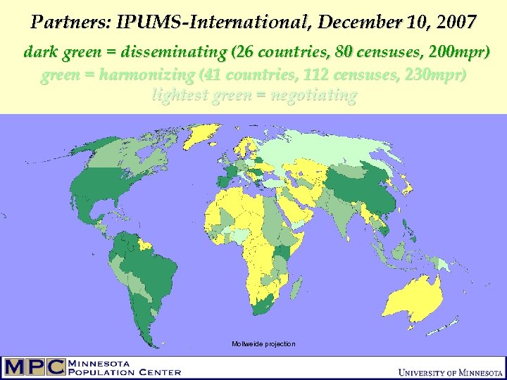 Partners: IPUMS-International, December 10, 2007 dark green = disseminating (26 countries, 80 censuses, 200