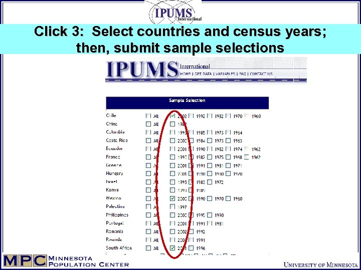 Click 3: Select countries and census years; then, submit sample selections 