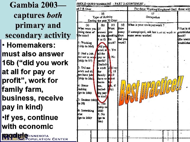 Gambia 2003— captures both primary and secondary activity • Homemakers: must also answer 16