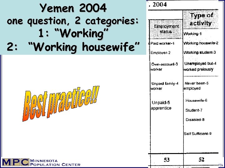 Yemen 2004 one question, 2 categories: 1: “Working” 2: “Working housewife” 