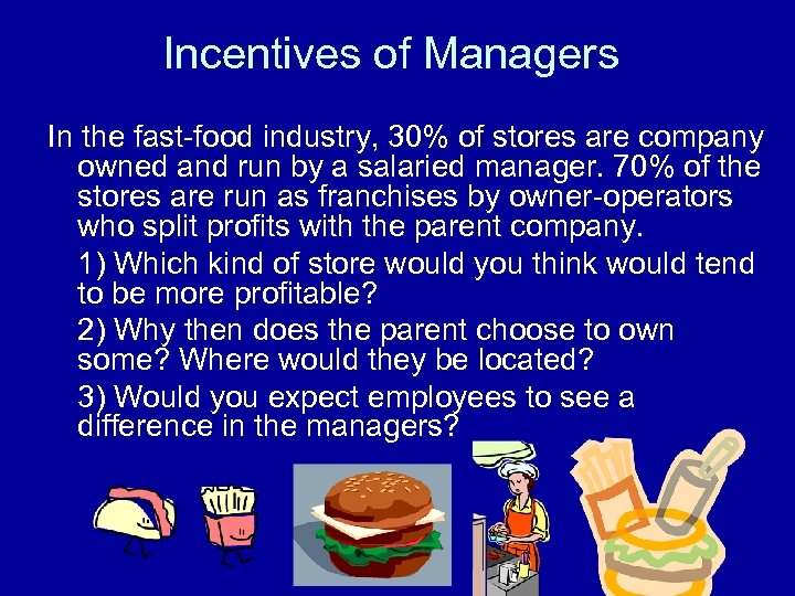 Incentives of Managers In the fast-food industry, 30% of stores are company owned and