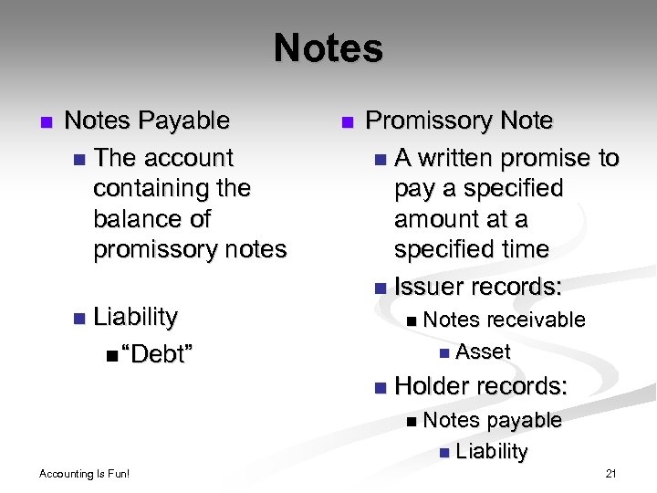 Notes n Notes Payable n The account containing the balance of promissory notes n