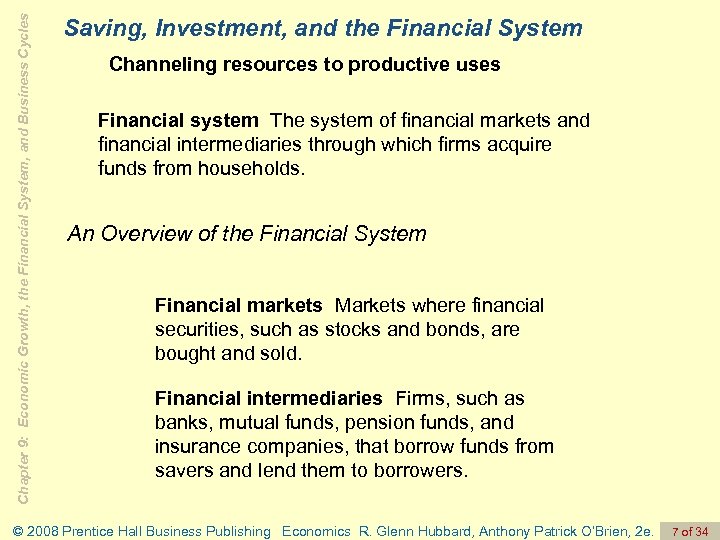 Chapter 9: Economic Growth, the Financial System, and Business Cycles Saving, Investment, and the