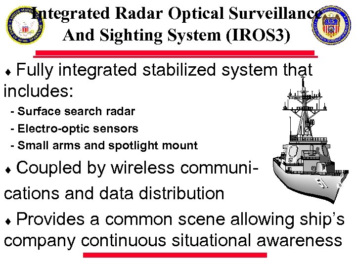 Integrated Radar Optical Surveillance And Sighting System (IROS 3) ¨ Fully integrated stabilized system