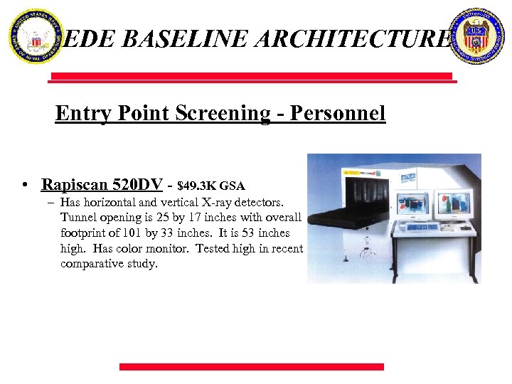 EDE BASELINE ARCHITECTURE Entry Point Screening - Personnel • Rapiscan 520 DV - $49.