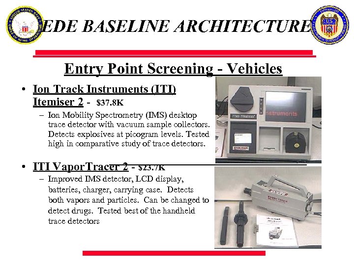 EDE BASELINE ARCHITECTURE Entry Point Screening - Vehicles • Ion Track Instruments (ITI) Itemiser