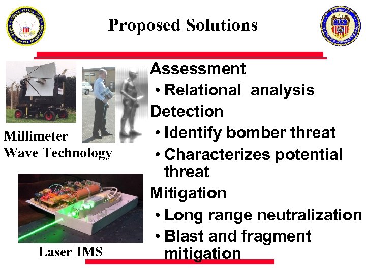 Proposed Solutions Millimeter Wave Technology Laser IMS Assessment • Relational analysis Detection • Identify