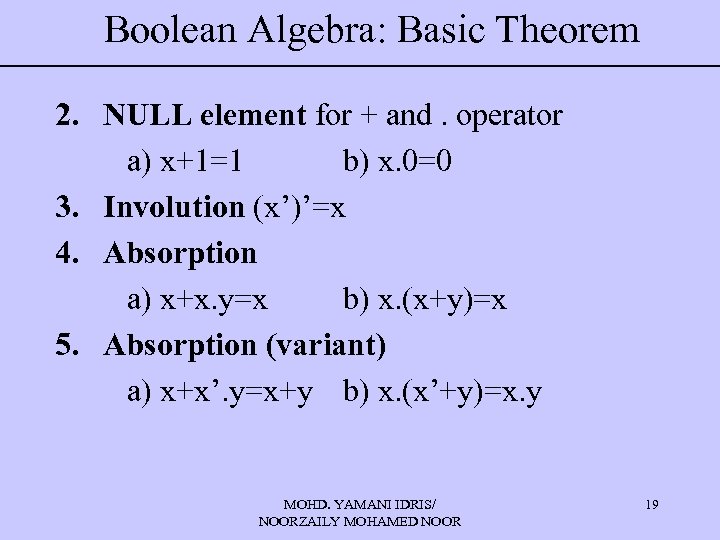 Boolean Algebra: Basic Theorem 2. NULL element for + and. operator a) x+1=1 b)