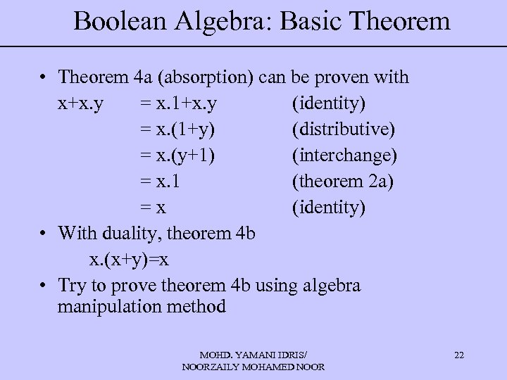 Boolean Algebra: Basic Theorem • Theorem 4 a (absorption) can be proven with x+x.