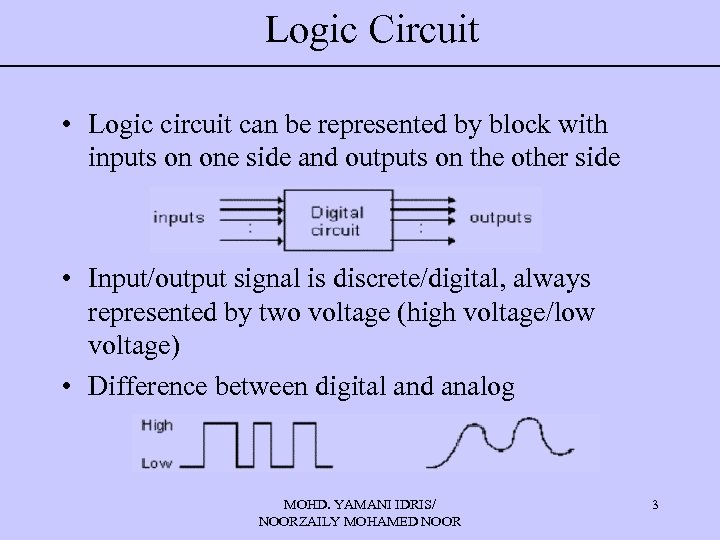 Logic Circuit • Logic circuit can be represented by block with inputs on one
